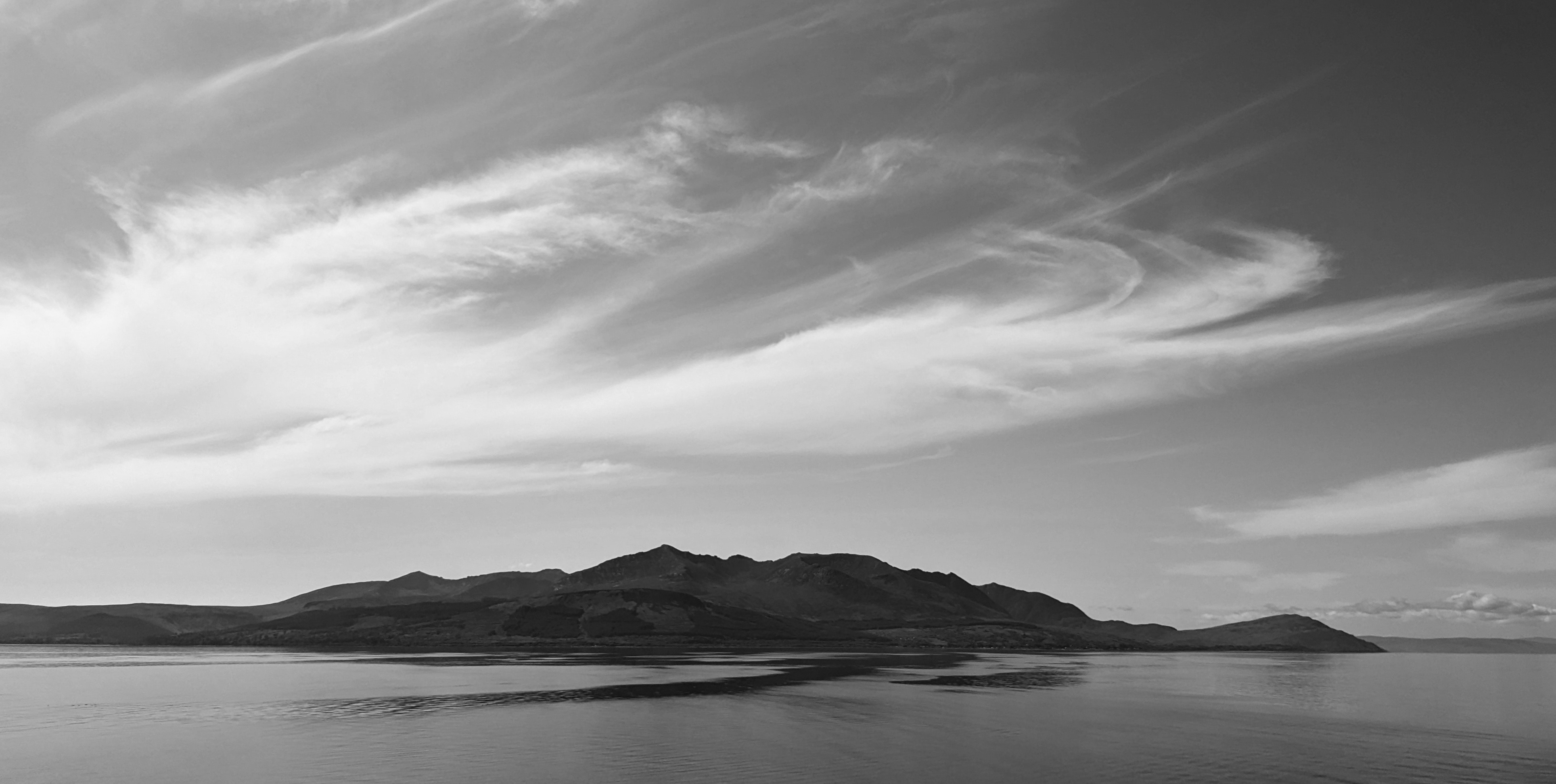 The skyline of Arran - known as 'The Sleeping Warrior' - as seen from the coast.