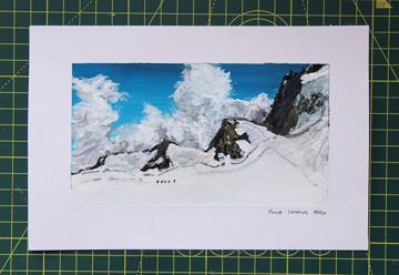 Storm clouds brewing in the background behind Pointe Lachenal, Chamonix.  Acrylic on paper.