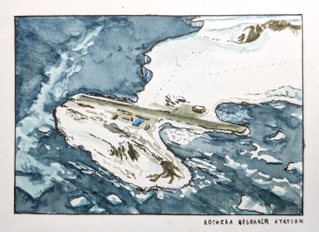 Looking down at Rothera station on approach in the Twin Otter.