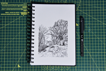 Ink pen sketch of Isolated Buttress at Harrisons Rocks before storm clouds rolled in.